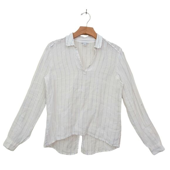 Saks Fifth Avenue Top Womens Small White Linen Pinstripe V-Neck Long Sleeve - Picture 1 of 12